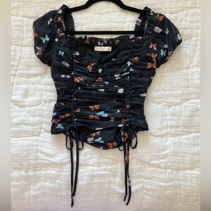 Black Butterfly Print Ruched Top